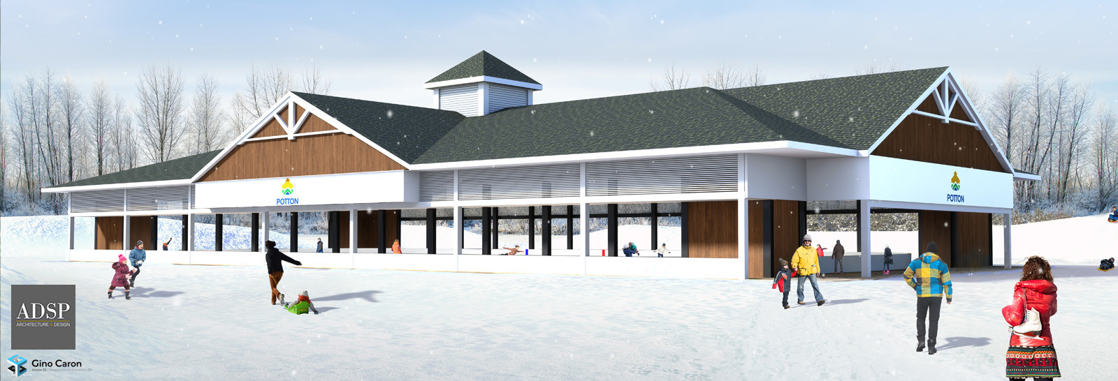Perspective 3D d'un projet de patinoire extérieur à Potton au Québec