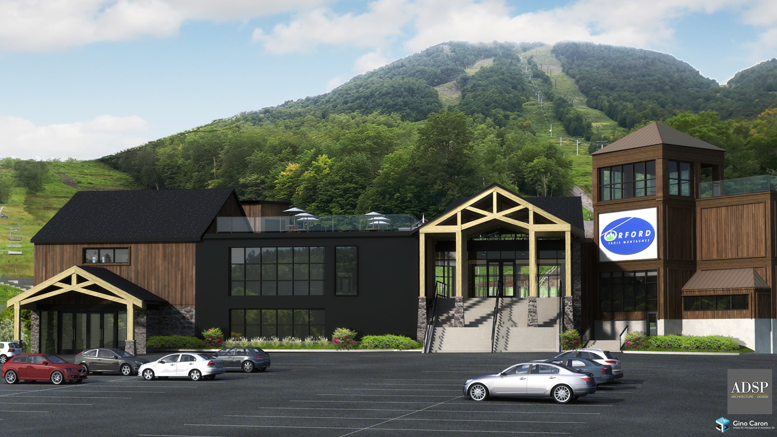 Perspective 3D avant, chalet de ski Orford